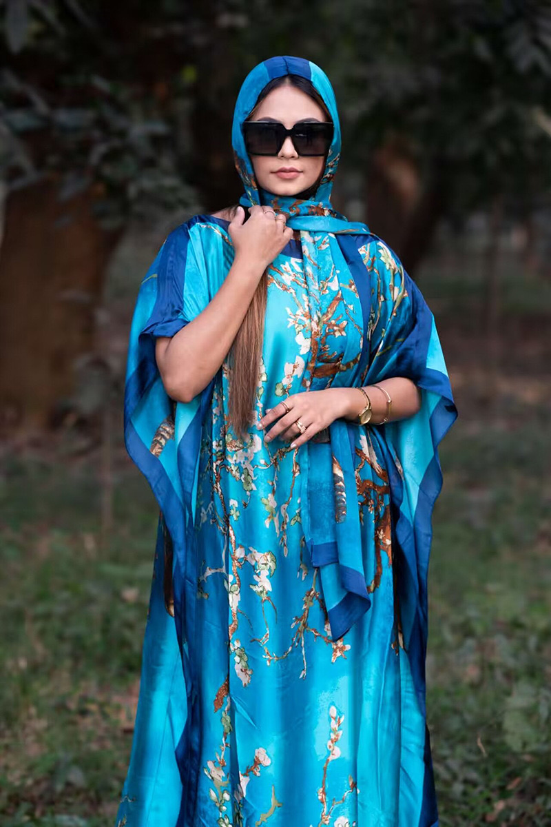 Summer Clothing Hijab - Causal Three Printed Silky Kaftan Maxi