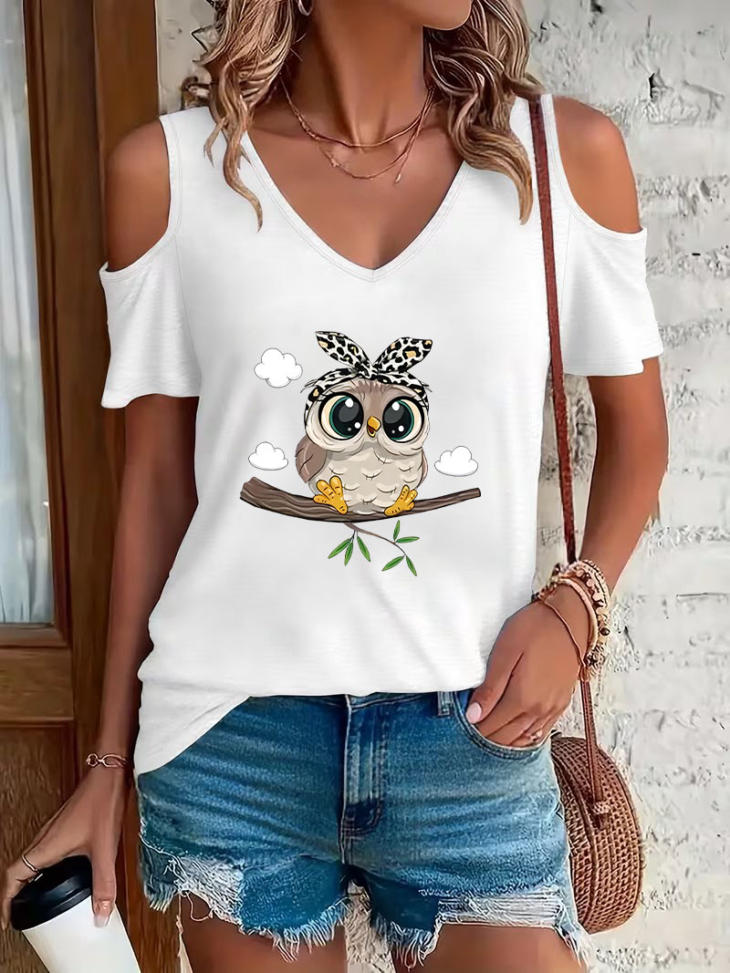 Trendy Cartoon Owl Print Off-S - Summer Clothing Drop recension och pris