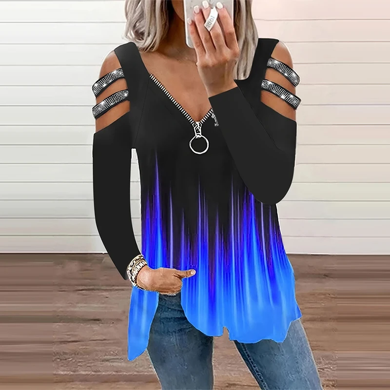 Gradient Color Zipper V Neck T - Summer Clothing Drop recension och pris